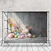 Lofaris Cement Wall Colorful Floral Eggs Easter Backdrop